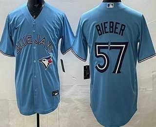Mens Toronto Blue Jays #57 Shane Bieber Light Blue Cool Base Jersey