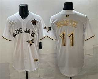 Mens Toronto Blue Jays #11 Bo Bichette White Gold 2025 American League Champions Limited Stitched Jersey Dzhi
