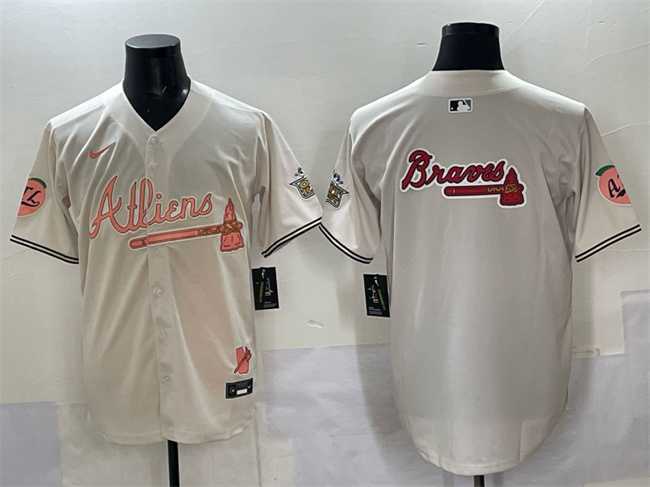 Mens Atlanta Braves Team Big Logo Cream 2024 Atliens & Peach With Outkast Patch Vapor Limited Stitched Jersey