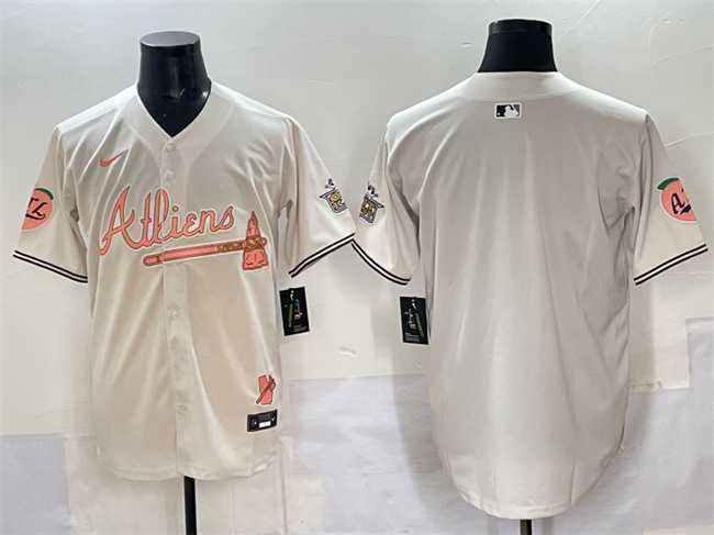 Mens Atlanta Braves Blank Cream 2024 Atliens & Peach With Outkast Patch Vapor Limited Stitched Jersey