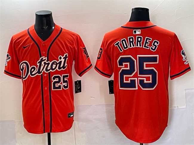 Mens Detroit Tigers #25 Gleyber Torres Orange With Patch Vapor Premier Limited Stitched Jersey