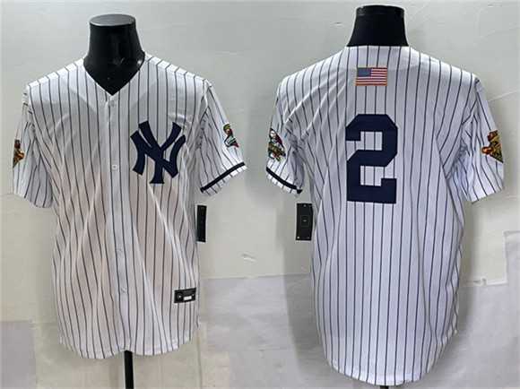 Mens New York Yankees #2 Derek Jeter White Strip World Series Limited Stitched Jersey