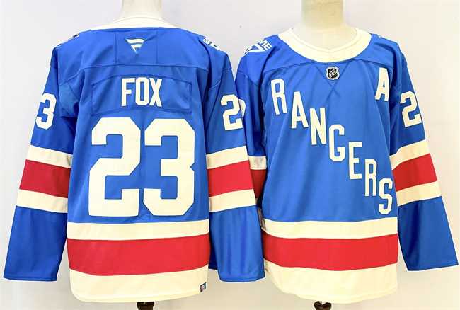Mens New York Rangers #23 Adam Fox Blue With A Patch Stitched Hockey Jersey