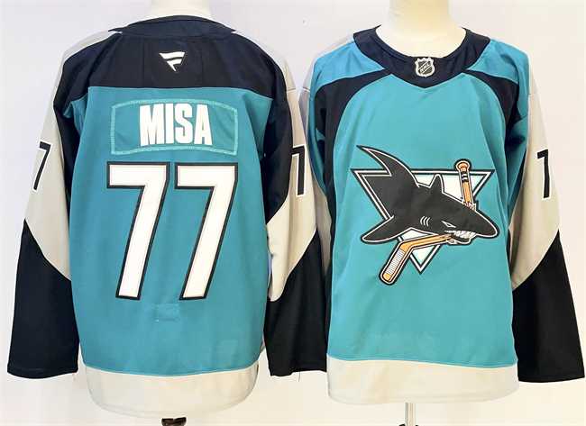 Mens San Jose Sharks #77 Michael Misa Teal 2025 Alternate Stitched Hockey Jersey