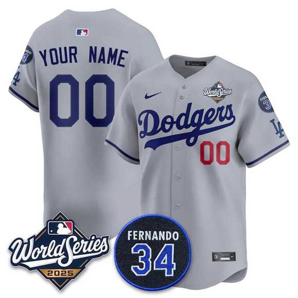 Mens Los Angeles Dodgers ACTIVE PLAYER Custom Gray 2025 World Series With No. 34 Patch Limited Stitched Jersey