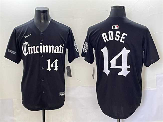 Mens Cincinnati Reds #14 Pete Rose Black Gothic Queen City Edition Vapor Premier Limited Stitched Baseball Jersey