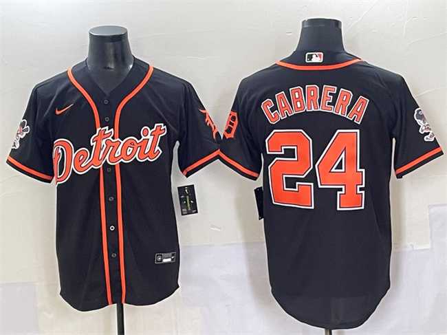 Mens Detroit Tigers #24 Miguel Cabrera Black With Patch Cool Base Stitched Baseball Jersey