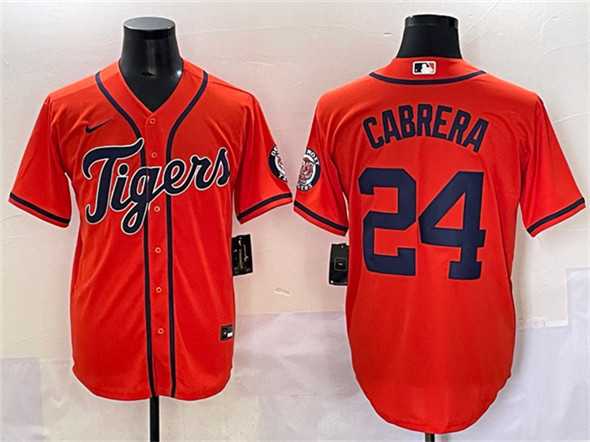 Mens Detroit Tigers #24 Miguel Cabrera Orange With Patch Cool Base Stitched Baseball Jersey