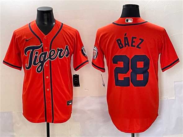 Mens Detroit Tigers #28 Javier Baez Orange With Patch Cool Base Stitched Baseball Jersey