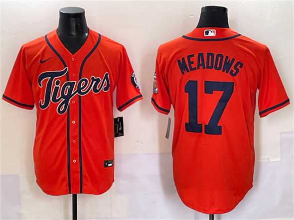 Mens Detroit Tigers #17 Parker Meadows Orange With Patch Cool Base Stitched Baseball Jersey