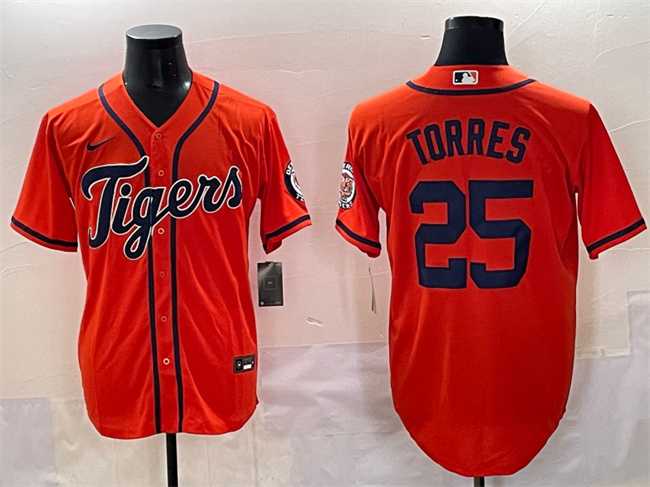 Mens Detroit Tigers #25 Gleyber Torres Orange With Patch Vapor Premier Limited Stitched Baseball Jersey