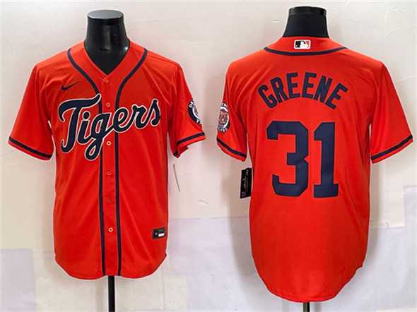Mens Detroit Tigers #31 Riley Greene Orange With Patch Cool Base Stitched Baseball Jersey
