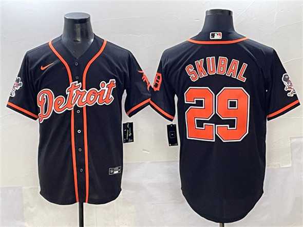 Mens Detroit Tigers #29 Tarik Skubal Black With Patch Cool Base Stitched Baseball Jersey