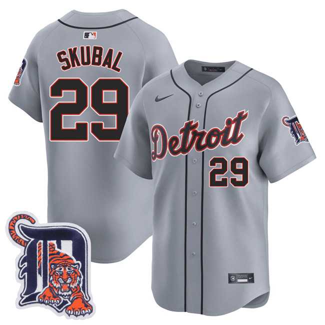 Mens Detroit Tigers #29 Tarik Skubal Gray Logo Patch Vapor Premier Limited Stitched Baseball Jersey Dzhi