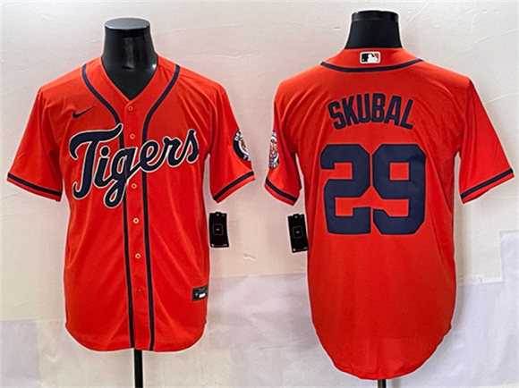 Mens Detroit Tigers #29 Tarik Skubal Orange With Patch Cool Base Stitched Baseball Jersey