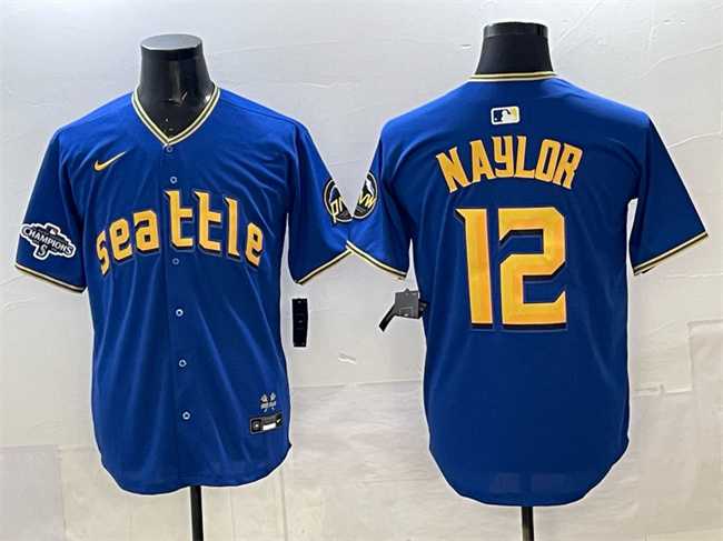 Mens Seattle Mariners #12 Josh Naylor Royal With 2025 AL West Division Champions Patch Limited Stitched jersey