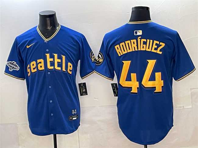 Mens Seattle Mariners #44 Julio Rodriguez Royal With 2025 AL West Division Champions Patch City Connect Limited Stitched Jersey