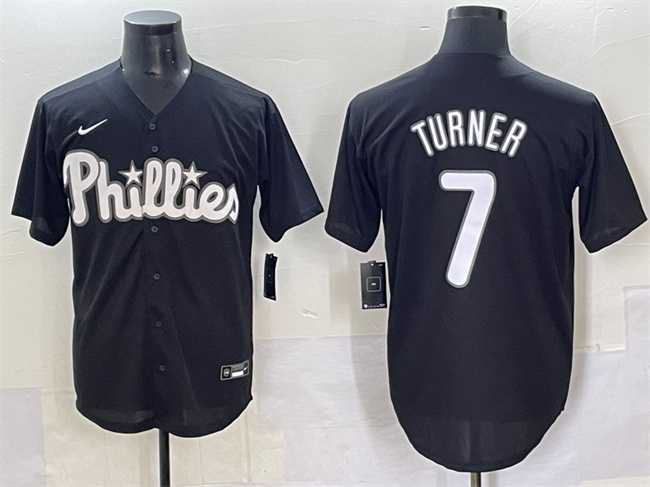 Mens Philadelphia Phillies #7 Trea Turner Black Lights Out Limited Stitched Baseball Jersey