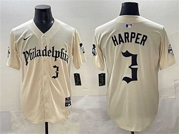 Mens Philadelphia Phillies #3 Bryce Harper Cream Gothic Vapor Limited Stitched Jersey