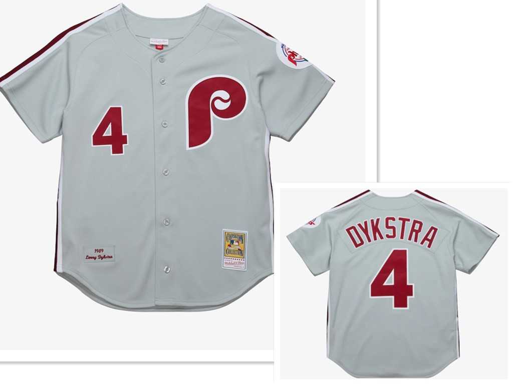 Mens Philadelphia Phillies #4 Lenny Dykstra Mitchell and Ness Grey 1989 Throwback Stitched MLB Jersey