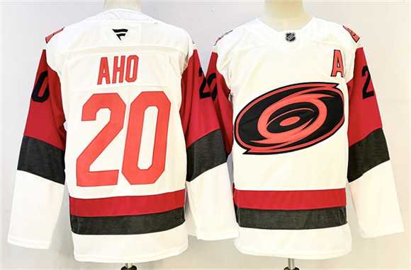 Mens Carolina Hurricanes #20 Sebastian Aho White 2024-25 With A Patch Home Stitched Jersey