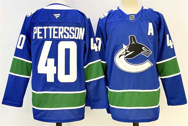 Mens Vancouver Canucks #40 Elias Pettersson Royal 2024-25 With A Patch Home Stitched Hockey Jersey