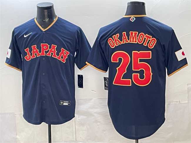 Mens Japan Baseball #25 Kazuma Okamoto Navy 2026 World Baseball Classic Road Stadium Stitched Jersey