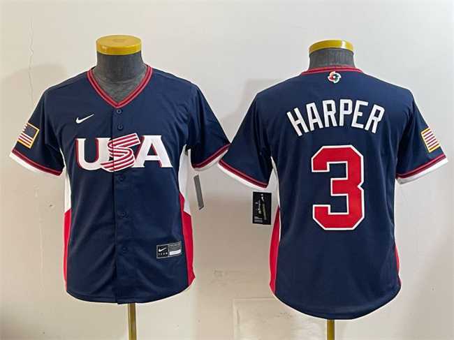 Youth USA Baseball #3 Bryce Harper Navy 2026 World Baseball Classic Stadium Stitched Baseball Jersey->2026 world baseball classic->MLB Jersey Youth USA Baseball #3 Bryce Harper Navy 2026 World Baseball Classic Stadium Stitched Baseball Jersey->2026 world baseball classic->MLB Jersey