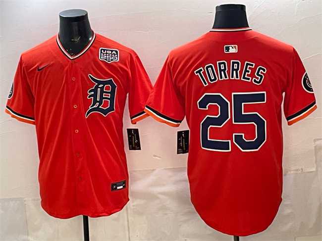 Mens Detroit Tigers #25 Gleyber Torres Orange 2026 Alternate USA 250 Patch Vapor Premier Limited Stitched Jersey Dzhi