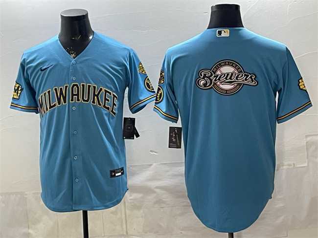 Mens Milwaukee Brewers Team Big Logo Blue With Home & Bob Uecker Patch Stitched Jersey Dzhi->milwaukee brewers->MLB Jersey