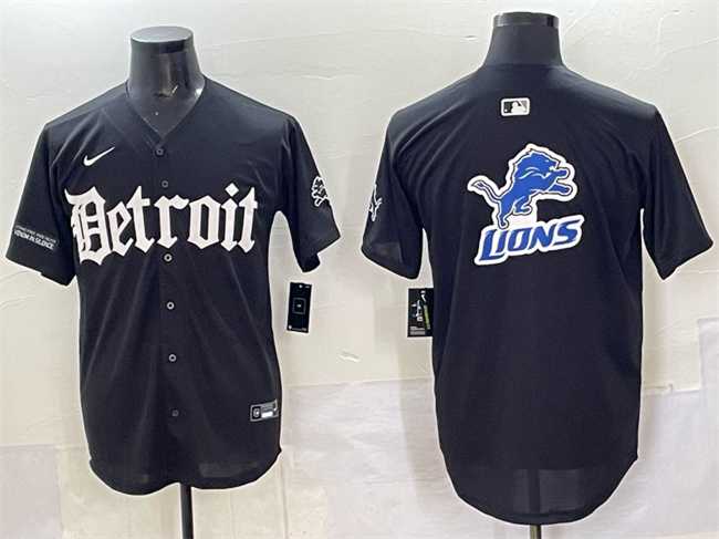 Mens Detroit Lions Team Big Logo Black Motor Gothic Edition Vapor Premier Limited Stitched Baseball Jersey