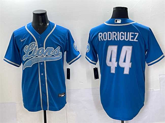 Mens Detroit Lions #44 Malcolm Rodriguez Blue Cool Base Stitched Baseball Jersey