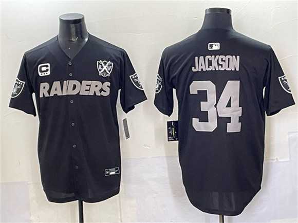 Mens Las Vegas Raiders #34 Bo Jackson Black With Nevada Silver Stat Patch And 65th Anniversary Patch 3-Star C Patch Stitched Baseball Jersey