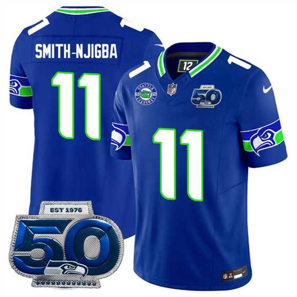 Mens Seattle Seahawks #11 Jaxon Smith-Njigba Royal 2025 F.U.S.E 50th Season Patch Throwback Vapor Limited Stitched Jersey Dzhi