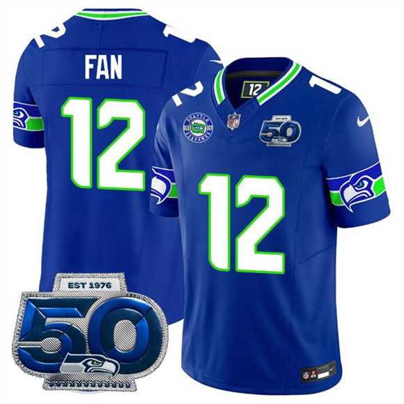 Mens Seattle Seahawks #12 Fan Royal 2025 F.U.S.E 50th Season Patch Throwback Vapor Limited Stitched Jersey Dzhi