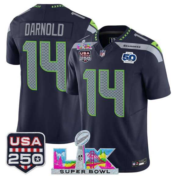 Mens Seattle Seahawks #14 Sam Darnold Navy 2025 F.U.S.E. Super Bowl LX Patch And 50th Season & USA 250 Patch Vapor Throwback Limited Stitched Jersey