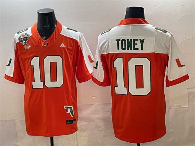 Mens Miami Hurricanes #10 Malachi Toney Orange Alternate F.U.S.E. Fiesta Bowl Champions & Florida Patch Stitched Football Jersey