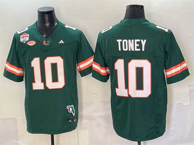 Mens Miami Hurricanes #10 Malachi Toney Green F.U.S.E. Fiesta Bowl Champions & Florida Patch Stitched Football Jersey