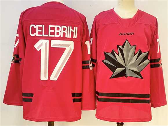 Mens Canada Hockey #17 Macklin Celebrini Red Stitched Jersey