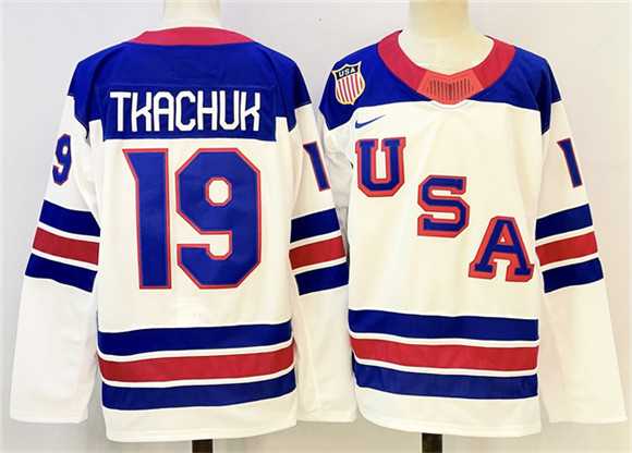 Mens USA #19 Matthew Tkachuk White 2025-2026 Stitched Jersey