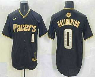 Mens Indiana Pacers #0 Tyrese Haliburton Black Gold 2025 Finals Vapor Stitched Baseball Jersey