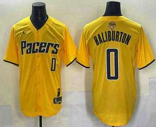 Mens Indiana Pacers #0 Tyrese Haliburton Yellow 2025 Finals Vapor Stitched Baseball Jersey
