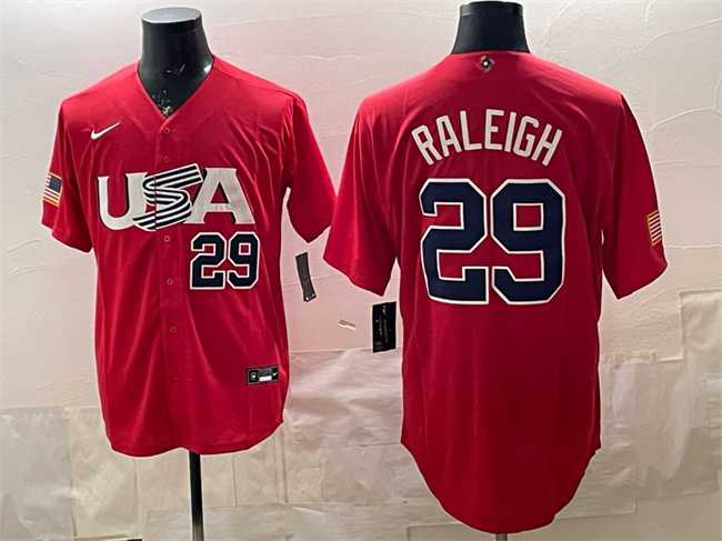 Mens USA #29 Cal Raleigh 2023 Red World Baseball Classic Stitched Jersey Dzhi