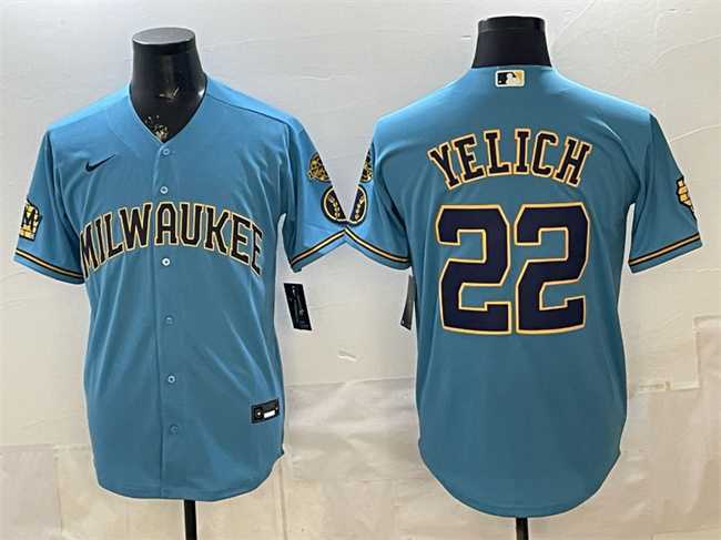 Mens Milwaukee Brewers #22 Christian Yelich Blue With Home & Bob Uecker Patch Stitched Jersey->milwaukee brewers->MLB Jersey