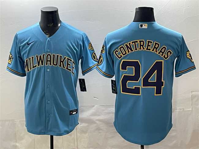 Mens Milwaukee Brewers #24 William Contreras Blue With Home & Bob Uecker Patch Stitched Jersey->milwaukee brewers->MLB Jersey