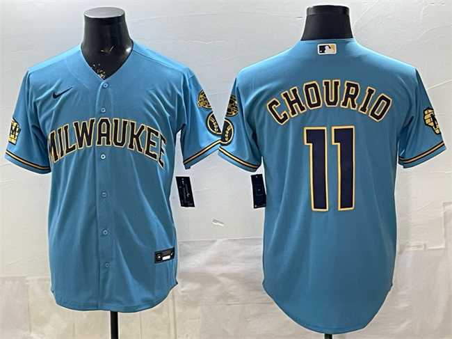 Mens Milwaukee Brewers #11 Jackson Chourio Blue With Home & Bob Uecker Patch Stitched Jersey->milwaukee brewers->MLB Jersey