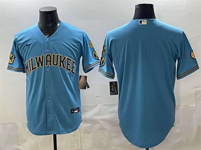 Mens Milwaukee Brewers Blank Blue With Home & Bob Uecker Patch Stitched Jersey->milwaukee brewers->MLB Jersey