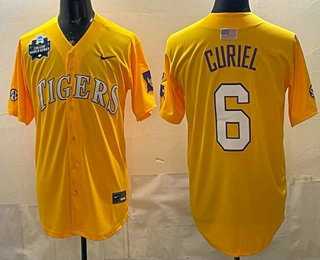 Mens LSU Tigers #6 Derek Curiel Gold 2025 World Series SEC Patch Stitched Baseball Jersey Dzhi