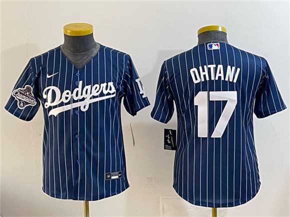 Youth Los Angeles Dodgers #17 Shohei Ohtani Navy Pinstripe 2025 World Series Champions Patch Cool Base Stitched Jersey Dzhi