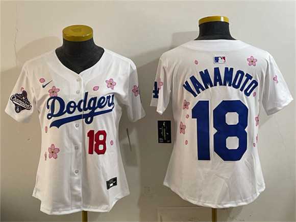 Youth Los Angeles Dodgers #18 Yamamoto White 2025 World Series Champions Patch Tokyo Series Limited Stitched Jerseys Dzhi